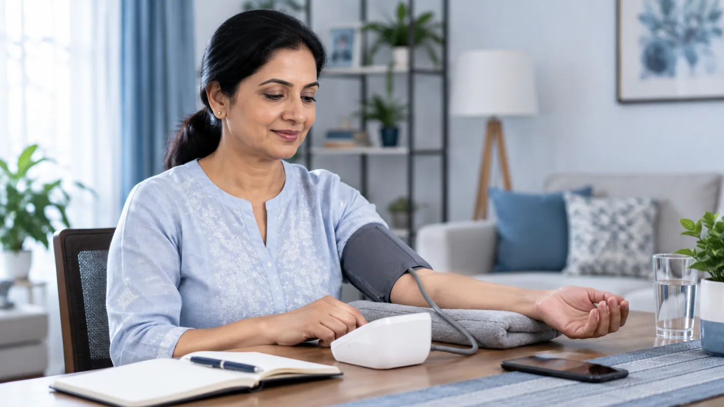 A woman taking her own blood pressure with a home monitor at a desk