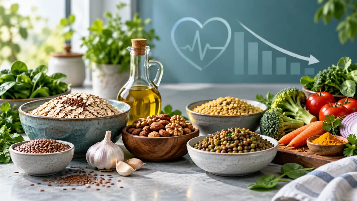 Oats, walnuts, flaxseed, garlic and greens laid out on a kitchen counter