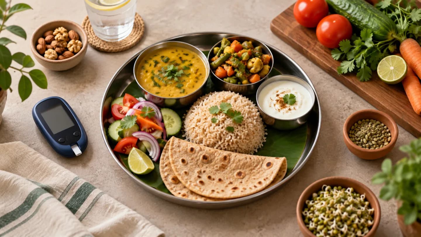 A balanced Indian thali beside a glucometer