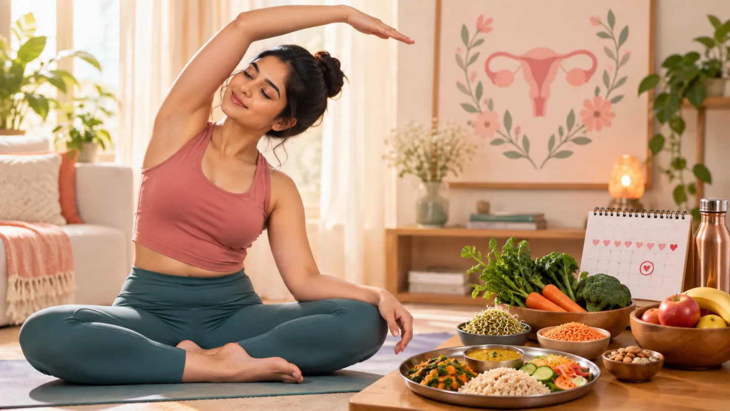 A woman stretching on a yoga mat at home beside a plate of vegetables and dal