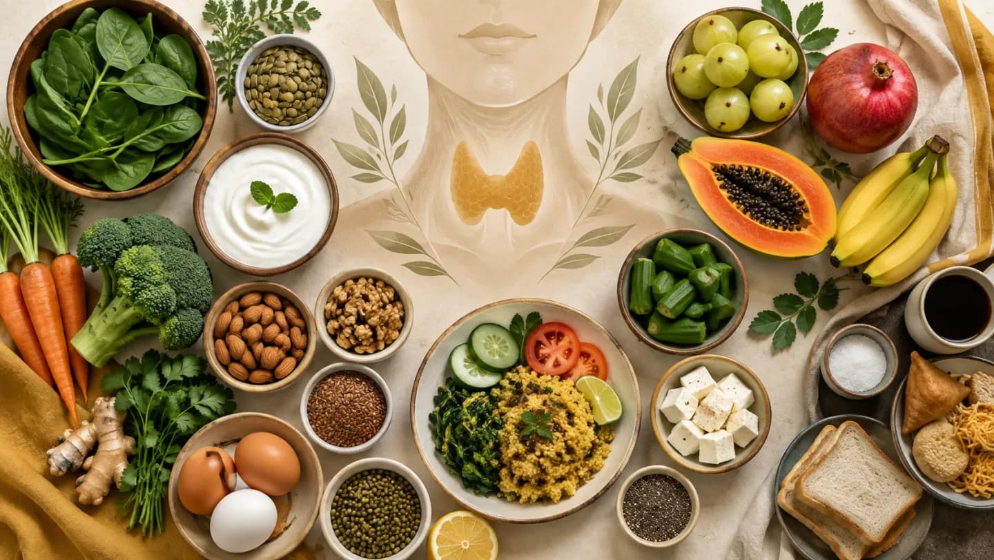 Iodine- and selenium-rich Indian foods arranged around a thyroid illustration