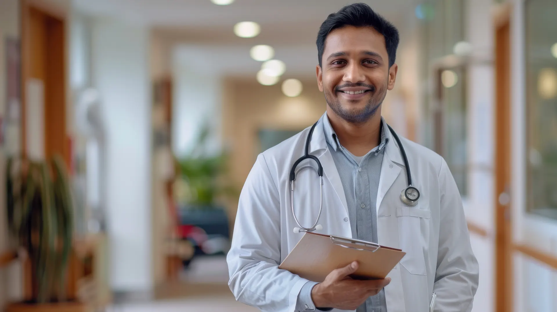 Indian male doctor with clipboard and stethoscope — PingMeDoc medical certificates issued by registered doctors