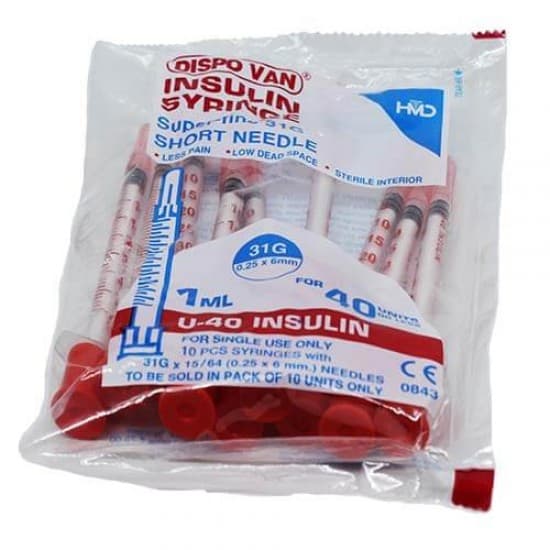 Dispovan U-40 Insulin Syringe (1ml) With Needle (31G)