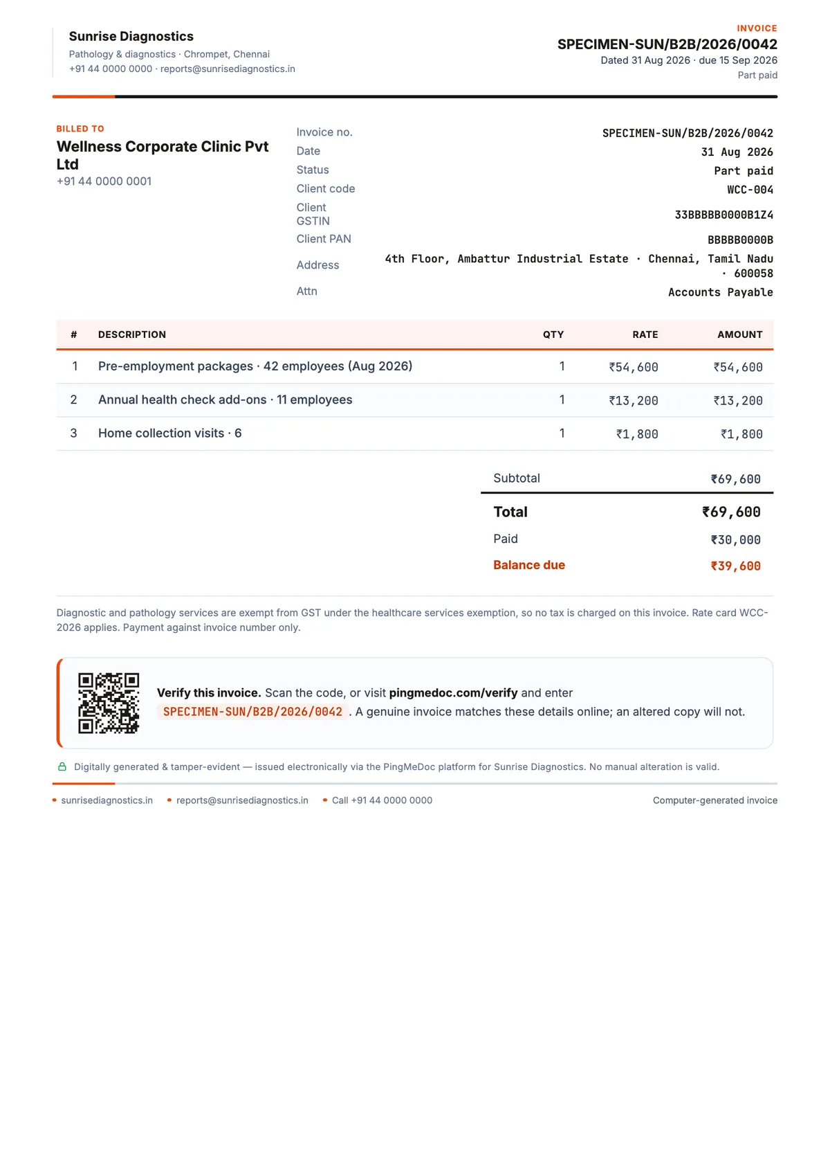 Laboratory corporate B2B invoice format consolidating a month of tests for one client