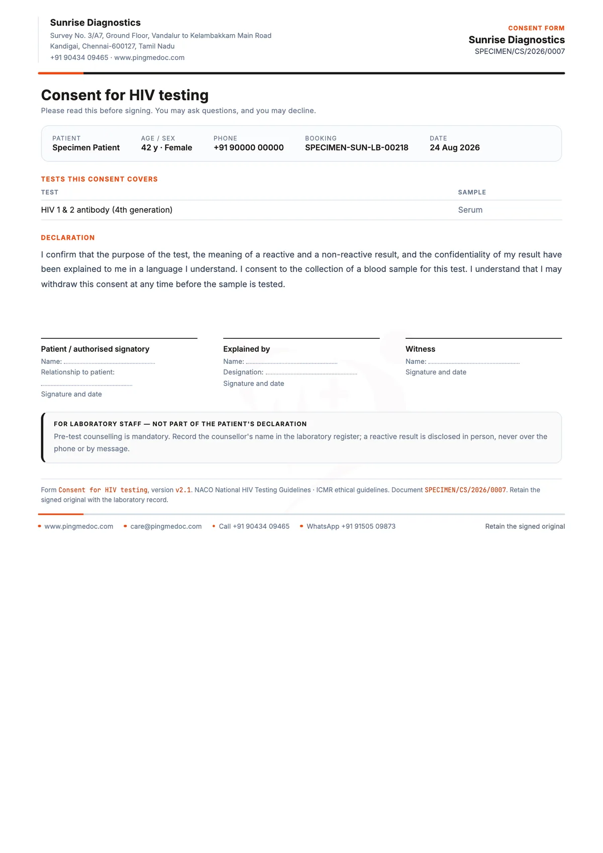 Diagnostic laboratory patient consent form printed with the patient's details filled in