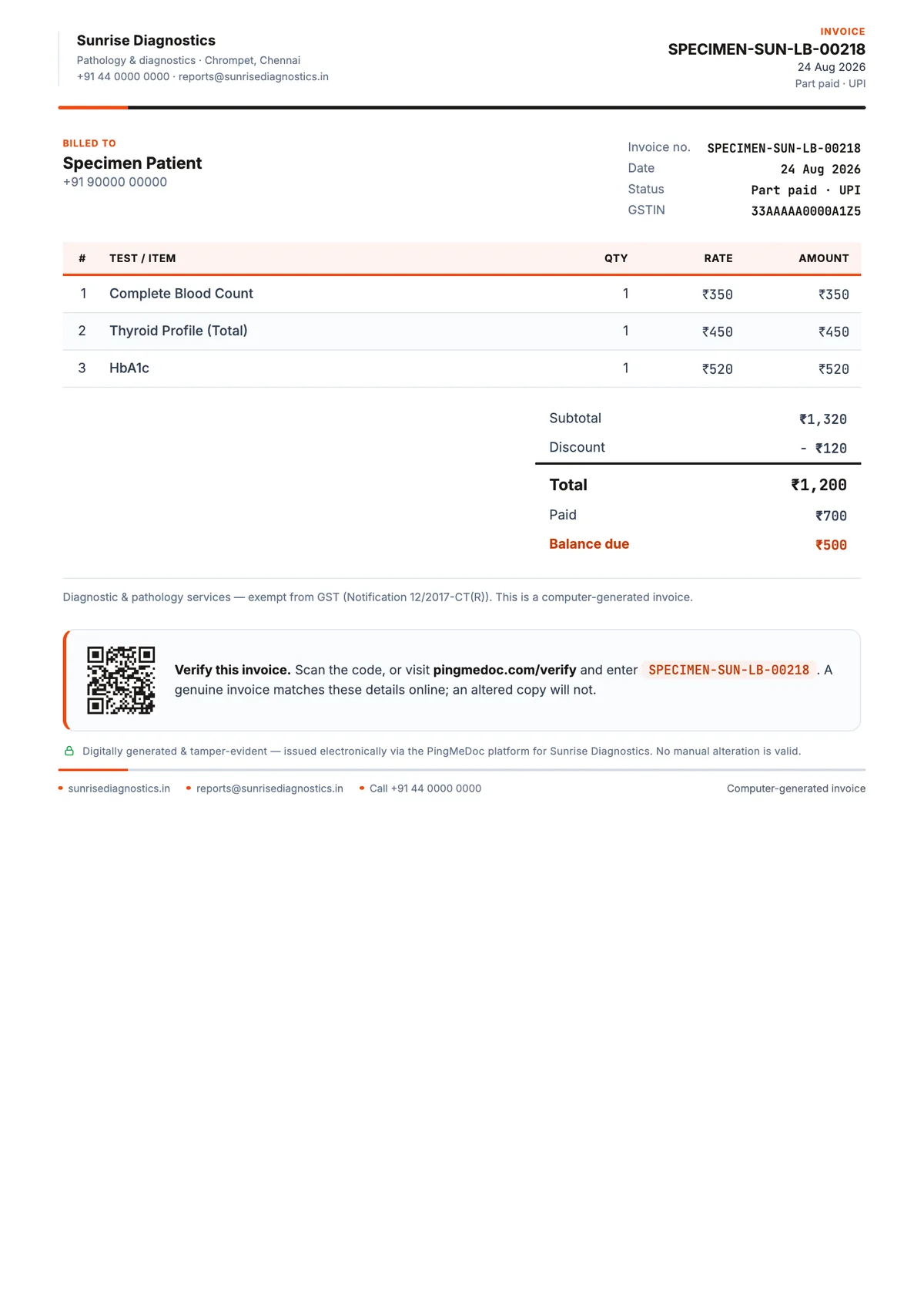 Pathology lab GST bill format showing the lab GSTIN, test rates, discount and balance due