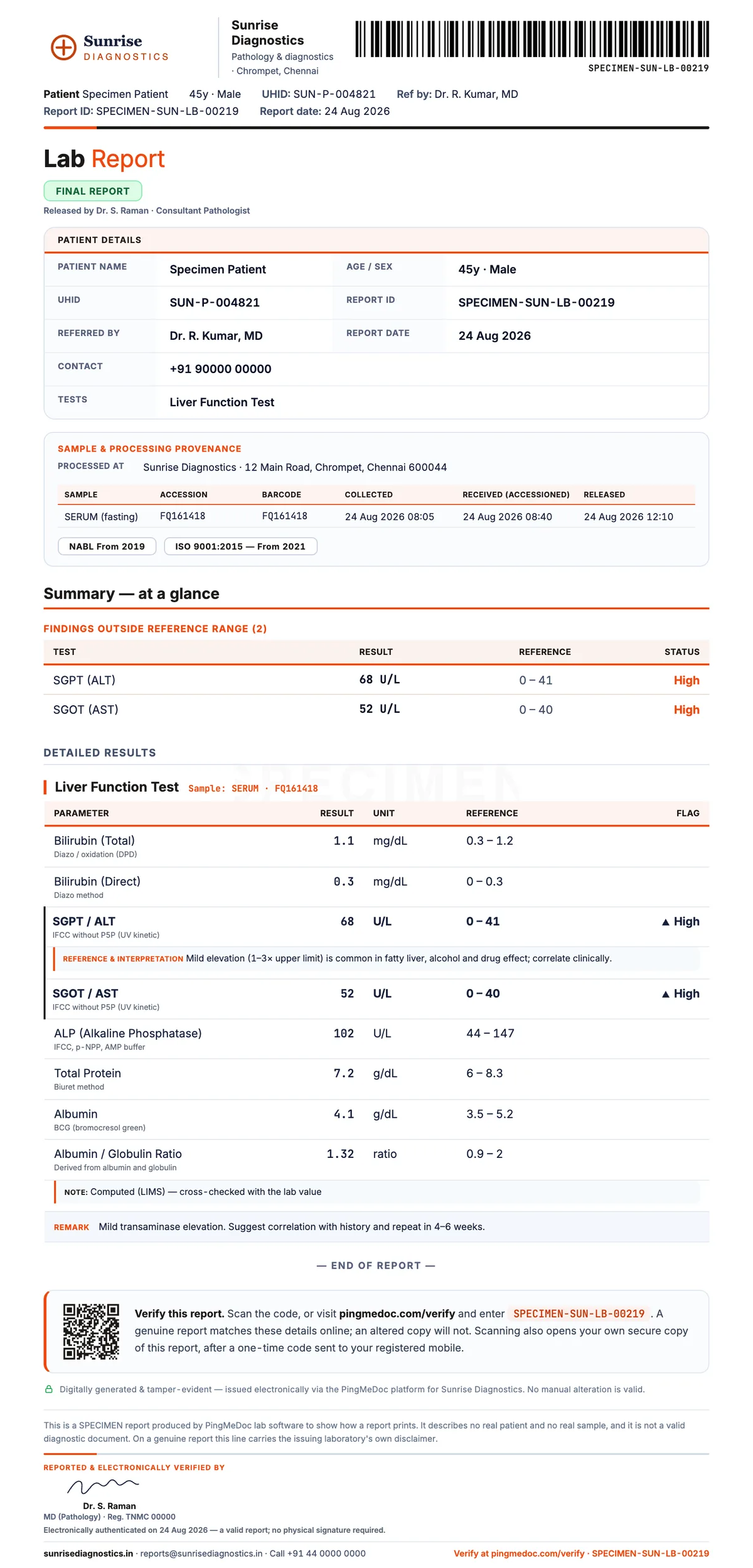 Liver function test (LFT) report format from a pathology lab with age and sex specific reference ranges