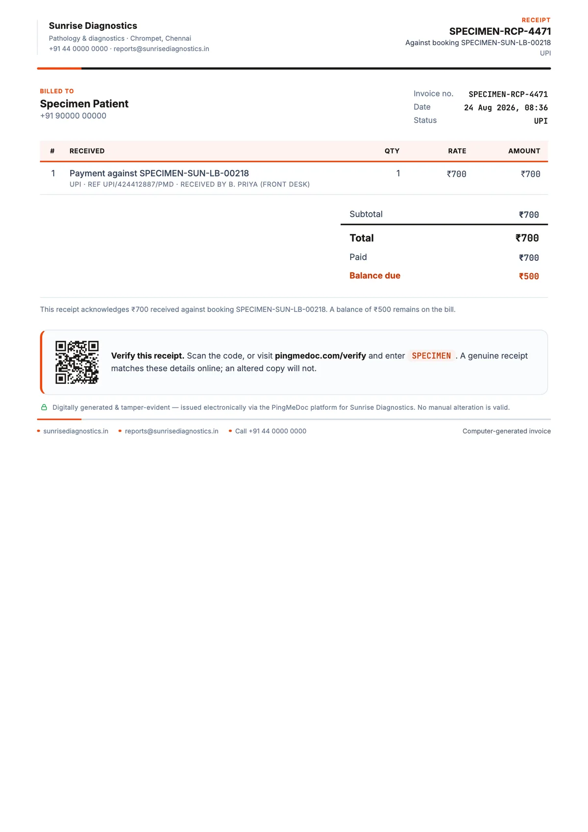 Pathology lab payment receipt format for a part payment, naming the collector and the balance