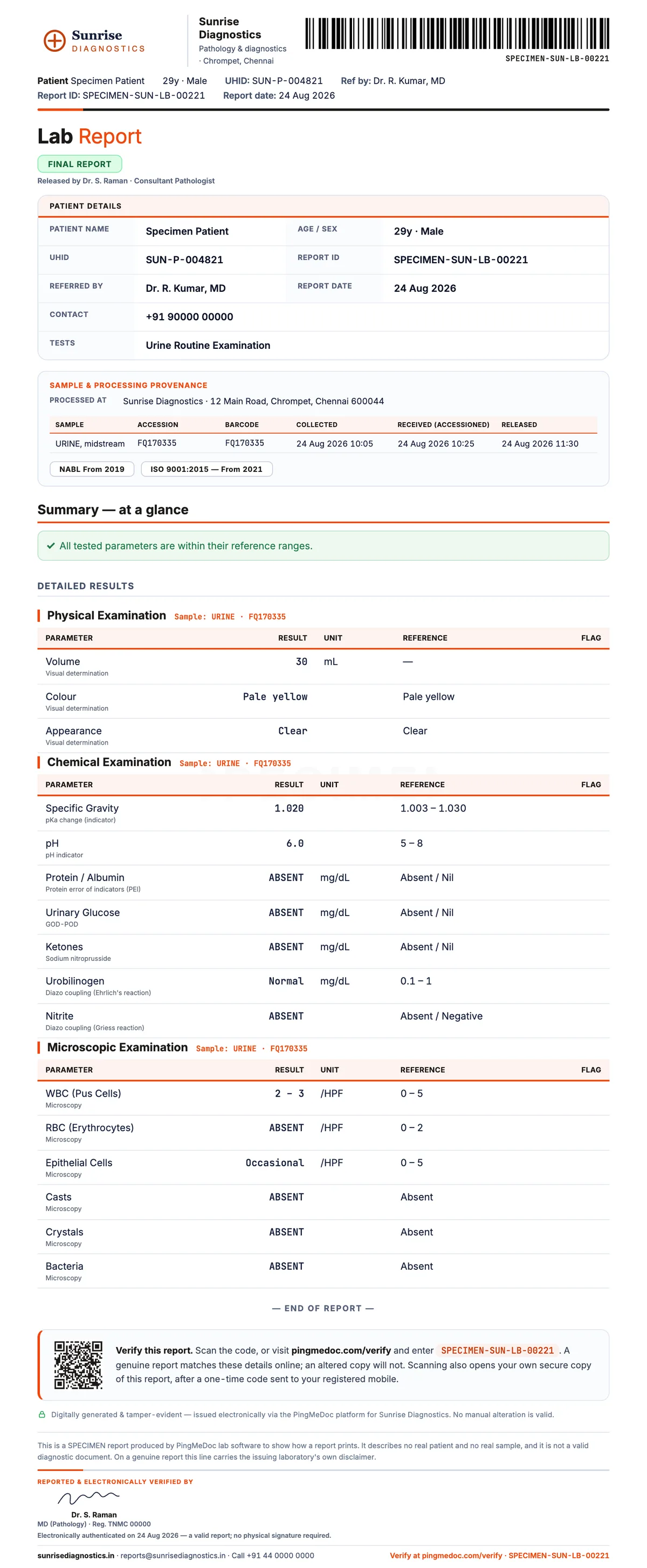 Urine routine and microscopy report format with physical, chemical and microscopic findings